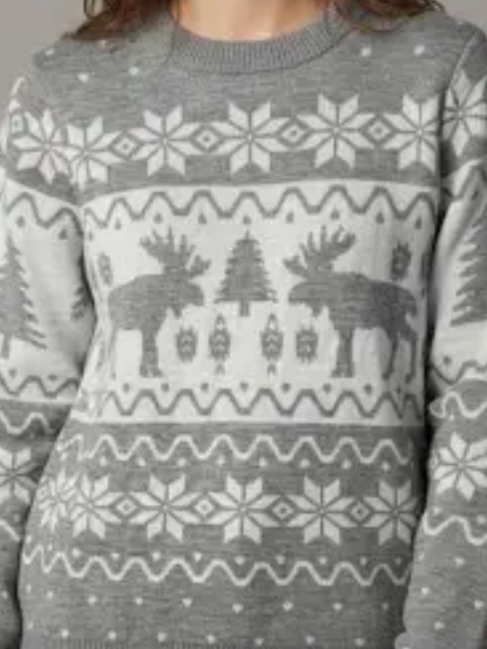 Tipsy Elves Grey and White Merry Moose Fair Isle Crewneck Sweater Holiday